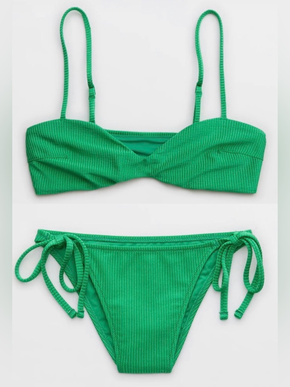 NWT Aerie FULL SET Shine Rib Bandeau Scoop Top + String Tie Bottom Green - Sz M